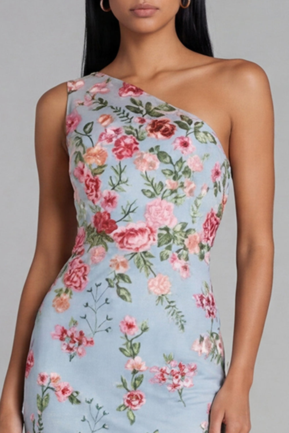 ZAPAKA Women Light Blue Midi Floral Dress One-Shoulder Embroidered Lace