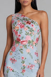 Light Blue Embroidered One-Shoulder Floral Midi Dress