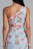 Light Blue Embroidered One-Shoulder Floral Midi Dress
