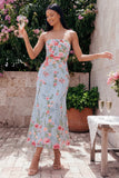 Garden Light Blue Floral Embroidered Strapless Midi Dress