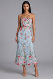 Garden Light Blue Floral Embroidered Strapless Midi Dress