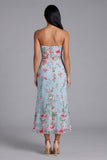Garden Light Blue Floral Embroidered Strapless Midi Dress