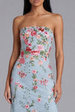 Garden Light Blue Floral Embroidered Strapless Midi Dress