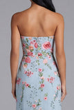 Garden Light Blue Floral Embroidered Strapless Midi Dress