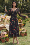 Black V-Neck Sheath Printed Floral Midi Dress with Long Sleeves