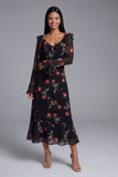Black V-Neck Sheath Printed Floral Midi Dress with Long Sleeves