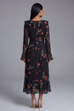Black V-Neck Sheath Printed Floral Midi Dress with Long Sleeves