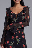Black V-Neck Sheath Printed Floral Midi Dress with Long Sleeves