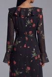 Black V-Neck Sheath Printed Floral Midi Dress with Long Sleeves