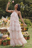 Halter Neck White Pink Flower Chiffon Sheath Tiered Printed Floral Dress