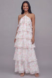 Halter Neck White Pink Flower Chiffon Sheath Tiered Printed Floral Dress