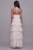 Halter Neck White Pink Flower Chiffon Sheath Tiered Printed Floral Dress