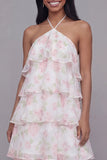 Halter Neck White Pink Flower Chiffon Sheath Tiered Printed Floral Dress