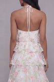 Halter Neck White Pink Flower Chiffon Sheath Tiered Printed Floral Dress