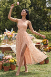 Orange One Shoulder Tulle Embroidered Floral Dress with Slit