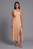 Orange One Shoulder Tulle Embroidered Floral Dress with Slit
