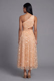 Orange One Shoulder Tulle Embroidered Floral Dress with Slit