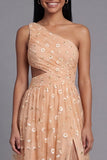 Orange One Shoulder Tulle Embroidered Floral Dress with Slit