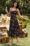Black Halter Neck Printed Chiffon Sheath Midi Floral Dress