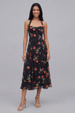Black Halter Neck Printed Chiffon Sheath Midi Floral Dress