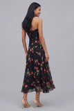 Black Halter Neck Printed Chiffon Sheath Midi Floral Dress
