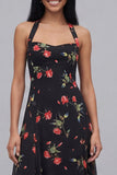 Black Halter Neck Printed Chiffon Sheath Midi Floral Dress