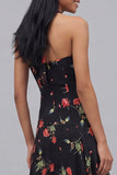 Black Halter Neck Printed Chiffon Sheath Midi Floral Dress