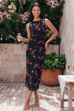 Black Bodycon Round Neck Chiffon Printed Midi Floral Dress