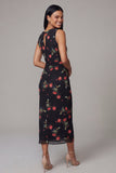Black Bodycon Round Neck Chiffon Printed Midi Floral Dress