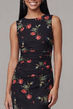 Black Bodycon Round Neck Chiffon Printed Midi Floral Dress