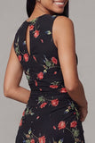 Black Bodycon Round Neck Chiffon Printed Midi Floral Dress