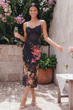 Enchanted Midnight Black Cowl Neck Ruched Mesh Midi Floral Dress