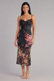 Enchanted Midnight Black Cowl Neck Ruched Mesh Midi Floral Dress