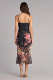 Enchanted Midnight Black Cowl Neck Ruched Mesh Midi Floral Dress