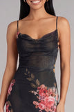 Enchanted Midnight Black Cowl Neck Ruched Mesh Midi Floral Dress