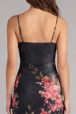 Enchanted Midnight Black Cowl Neck Ruched Mesh Midi Floral Dress