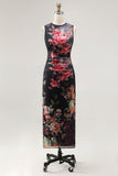 Midnight Bloom Black Ruched Mesh Sleeveless Midi Floral Dress