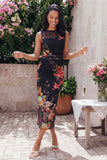 Midnight Bloom Black Ruched Mesh Sleeveless Midi Floral Dress