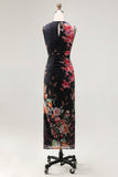 Midnight Bloom Black Ruched Mesh Sleeveless Midi Floral Dress