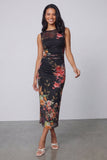 Midnight Bloom Black Ruched Mesh Sleeveless Midi Floral Dress