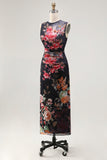 Midnight Bloom Black Ruched Mesh Sleeveless Midi Floral Dress