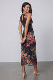 Midnight Bloom Black Ruched Mesh Sleeveless Midi Floral Dress