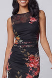 Midnight Bloom Black Ruched Mesh Sleeveless Midi Floral Dress