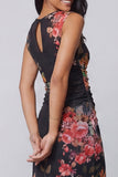 Midnight Bloom Black Ruched Mesh Sleeveless Midi Floral Dress