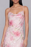 Sparkly Pink Bodycon Spaghetti Straps Sequin Printed Floral Midi Dress
