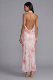 Sparkly White Pink Flower Bodycon Printed Floral Dress with Sequins