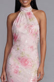 Sparkly White Pink Flower Bodycon Printed Floral Dress with Sequins