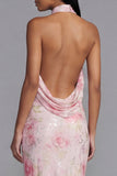 Sparkly White Pink Flower Bodycon Printed Floral Dress with Sequins