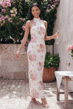 Sparkly White Pink Flower Bodycon Printed Floral Dress with Sequins