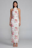 Sparkly White Pink Flower Bodycon Printed Floral Dress with Sequins